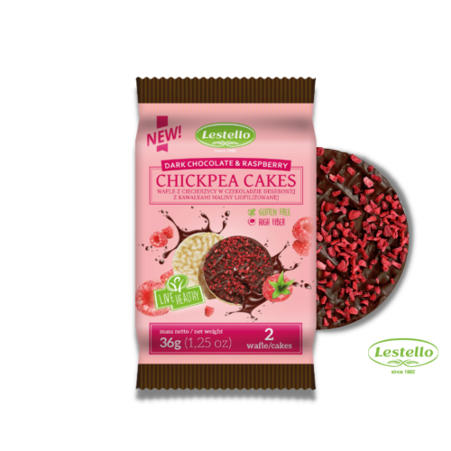 WAFLE Z CIECIERZYCY W CZEKOLADZIE DESEROWEJ Z KAWAŁKAMI MALINY 36G BEZGLUTENOWE LESTELLO